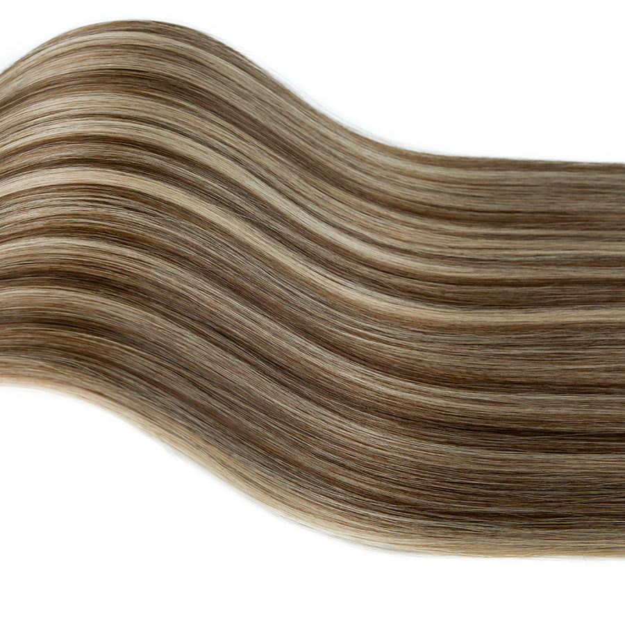 #P4/18 Medium Brown with Ash-Beige Blonde Highlights hair color swatch