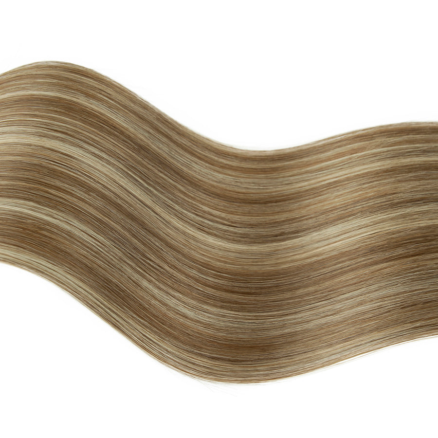 #P8/24 Cool Medium Brown with Beige Blonde Highlights hair color swatch