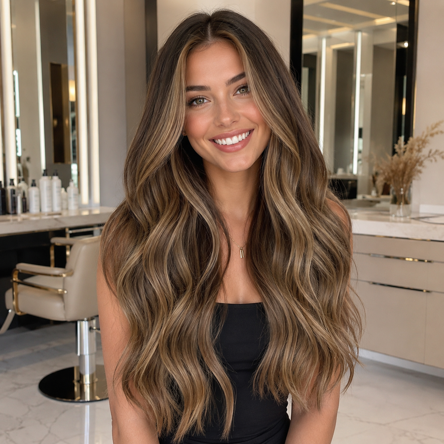 #2TP2/8A Dark Brown with Cool Bronde Highlights shown on a model